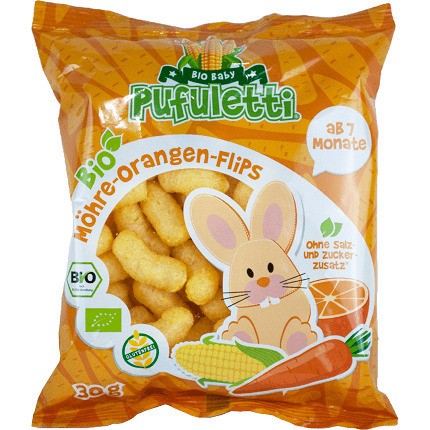 Γαριδακια Καλαμποκιου  Πορτοκαλι-Καροτο Bio 30gr Pufuletti